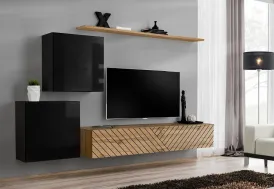 Ensemble meuble TV suspendu noir et bois 180 cm : étagère, placards