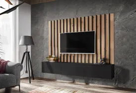 Meuble TV suspendu 180 cm en bois noir + parement mural – Verti II