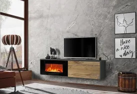Meuble TV suspendu 180 cm noir et bois avec cheminée électrique – Dallas