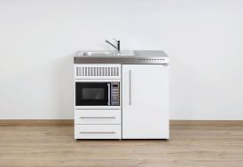 Kitchenette en métal avec micro-ondes blanc