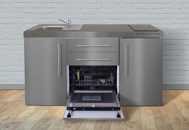 Kitchenette en métal inoxydable toute équipée avec réfrigérateur, lave-vaisselle et induction