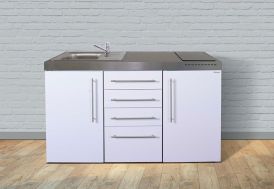 Kitchenette en métal blanc avec réfrigérateur et plaque vitrocéramique et tiroirs