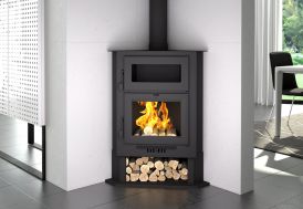 Poêle à bois d’angle double combustion avec four et bûcher 15 kW – CH-5 H FM Calefaccion