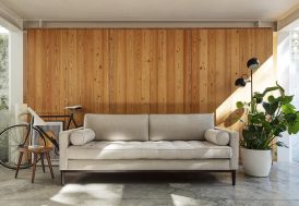 Canapé 3 places en simili lin gris et bois Swyft Home dans salon