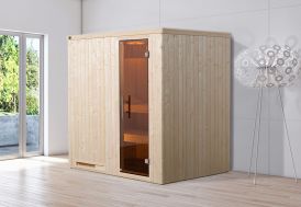 Cabine sauna en bois et porte en verre