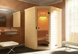 cabine en bois sauna d'angle dans une salle de bain