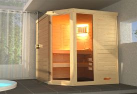Cabine en bois sauna traditionnel d'angle dans une pièce