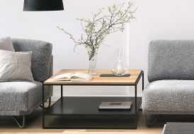 Table basse carrée en métal et bois massif noir
