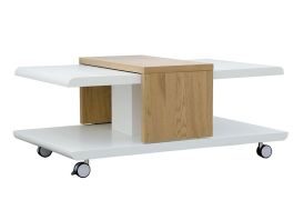 table basse en bois modulable sur roulettes avec plateau ajustable