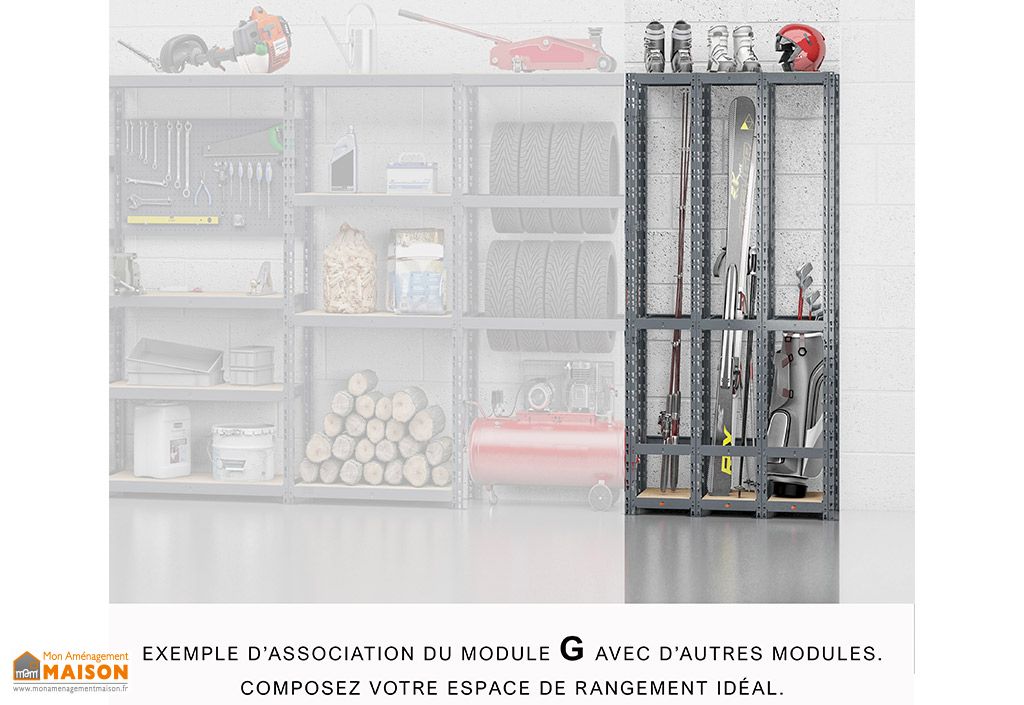 Concept rangement de garage MODULÖ STORAGE SYSTEME EXTENSION 4 étagères 21  plateaux longueur 300 cm