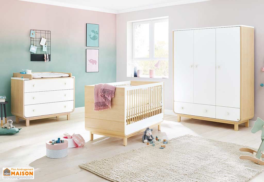 Ensemble lit bébé + commode + armoire blanc et gris - BEAR