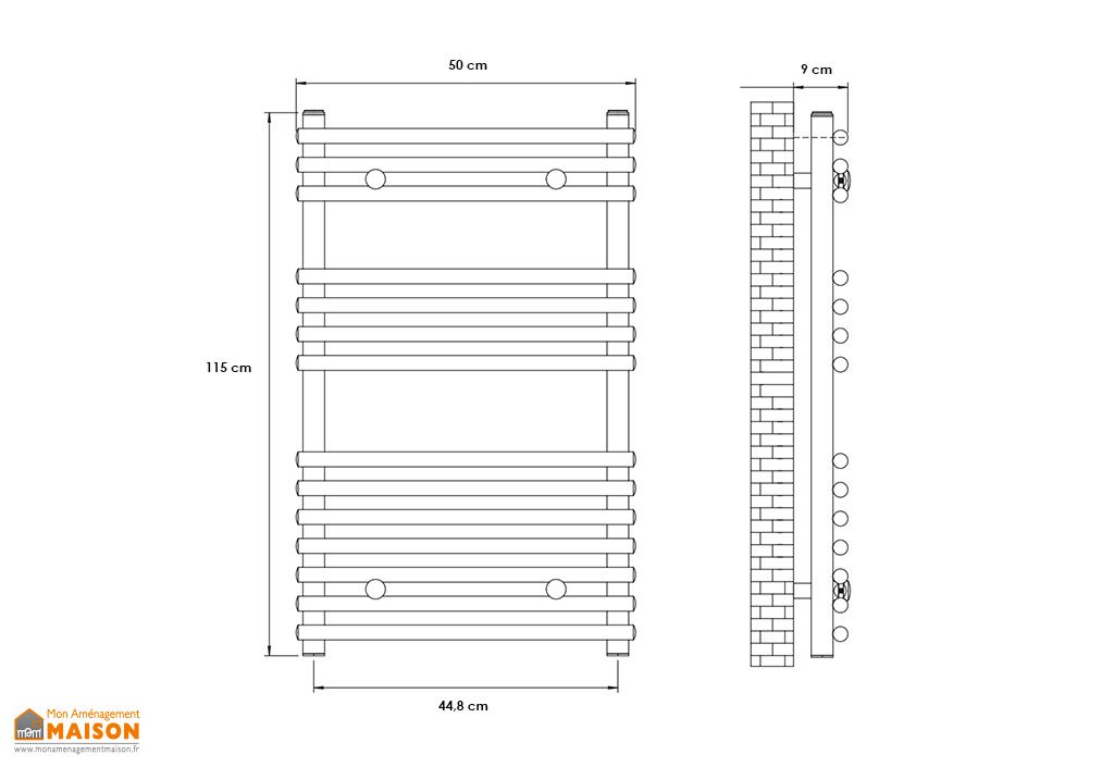 Radiateur sèche-serviettes design D16G anthracite - dimensions au