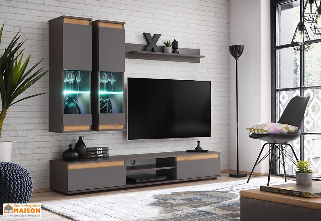 Meuble Télé moderne bois et gris 170 cm pour salon