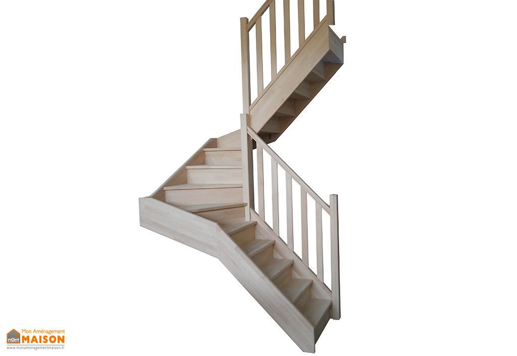 Escalier double quart tournant en hêtre - sans rampe - Levigne