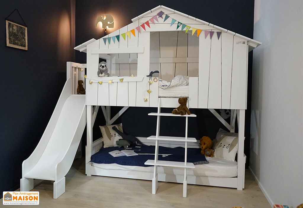 Lit cabane superposé en bois brut avec toboggan 90 x 190 cm Mathy