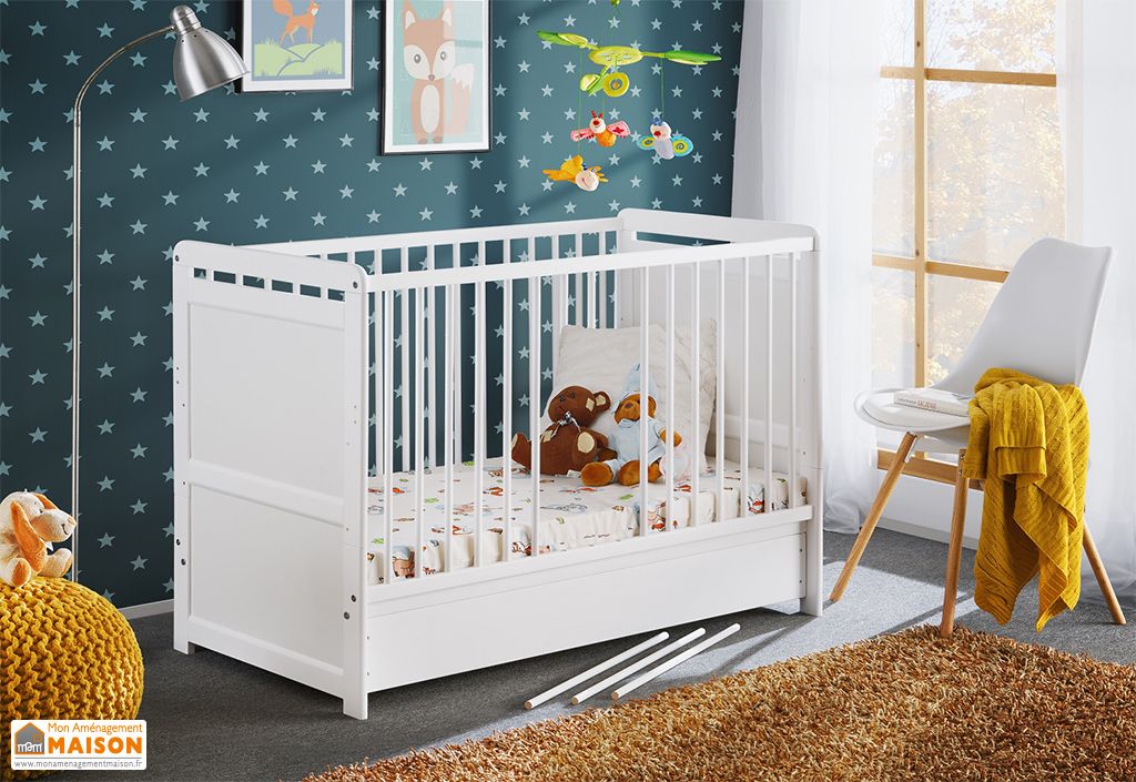 Lit Bebe Evolutif En Bois Avec Matelas Et Tiroir Tymek Plus Blanc Asm