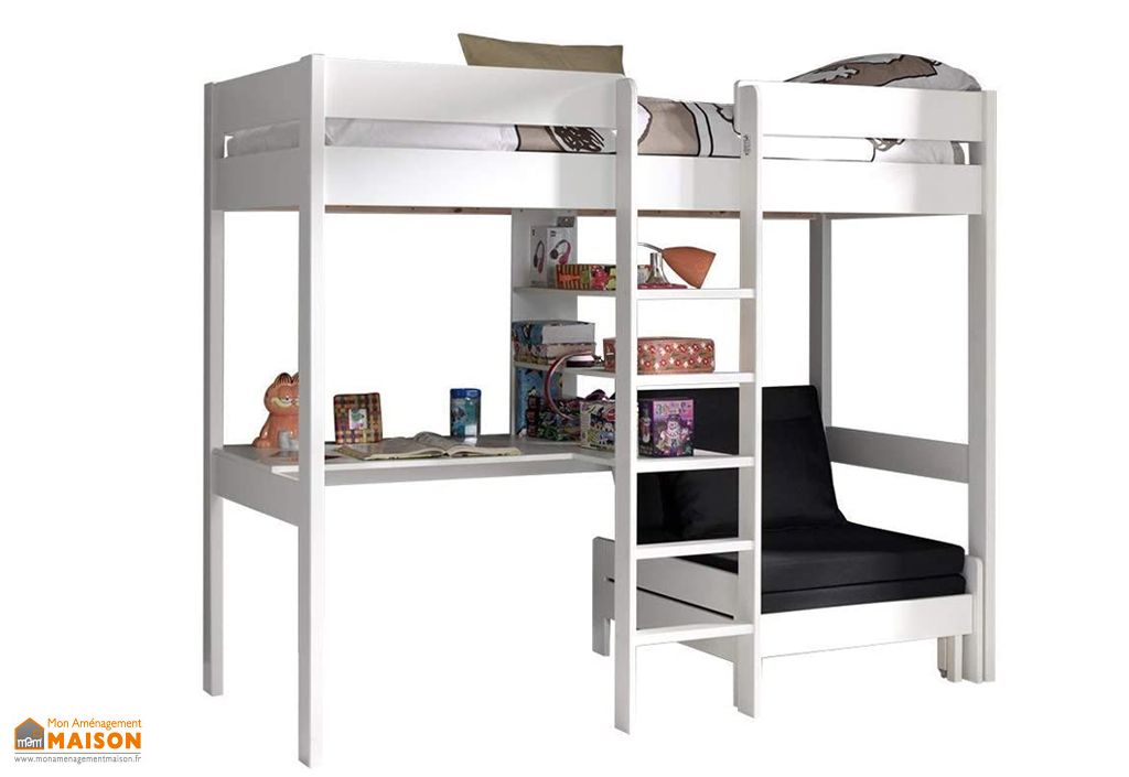 Lit Mezzanine en Bois 1 Place avec Bureau et Fauteuil 90 x 200 cm Pino