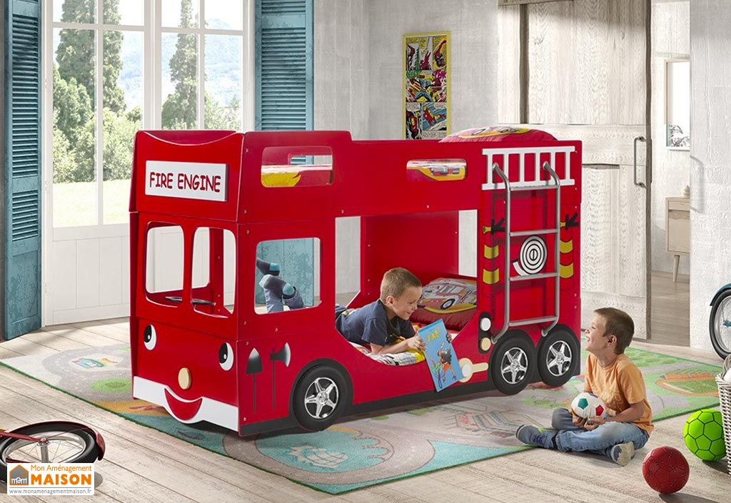 Lit Superposé Enfant Camion de Pompier 90 x 200 cm en Bois - Vipack