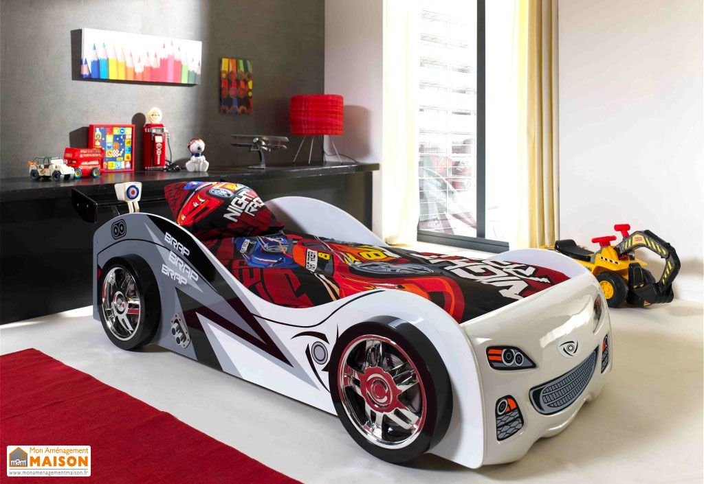 Lit Enfant En Forme De Voiture - Lit Coffre En Similicuir 90x200cm Avec Sommier à Lattes - Gris