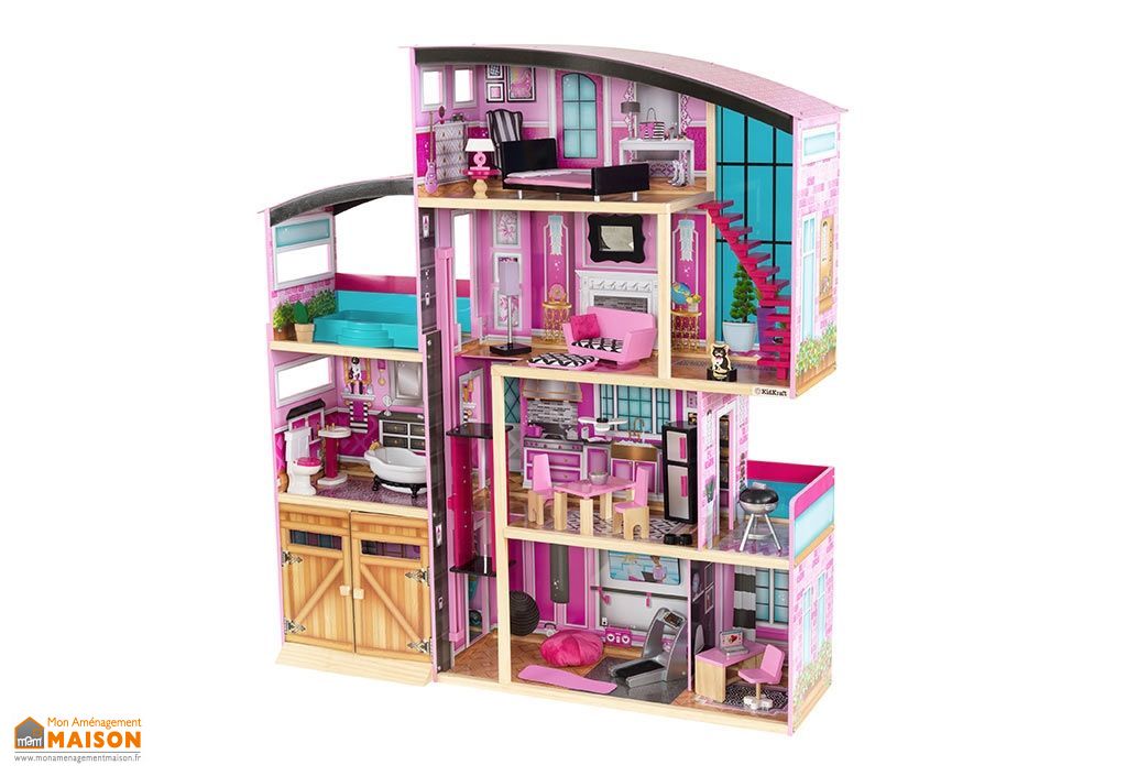 NAIZY Maison de Poupée pour Enfants en bois 100x70x30 cm Ensemble de Rose 3 étages Playmobil avec Meubles et Accessoires Villa de Poupée DIY Maison Villa de Rêve pour Filles et Garçons