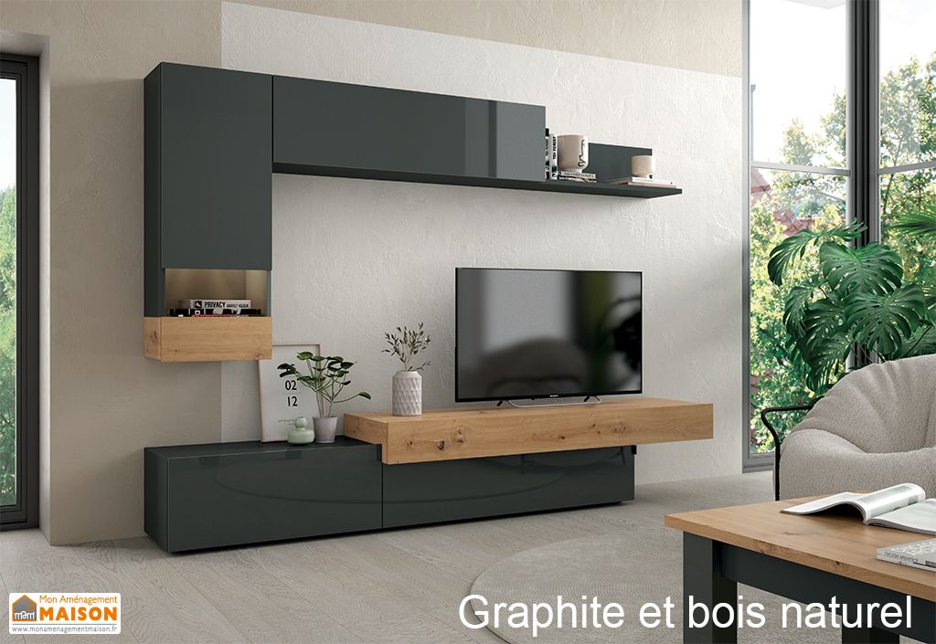 Meubles de salon en bois Aura.2 : 1 meuble TV, 1 vitrine et 1 étagère -  Ramis