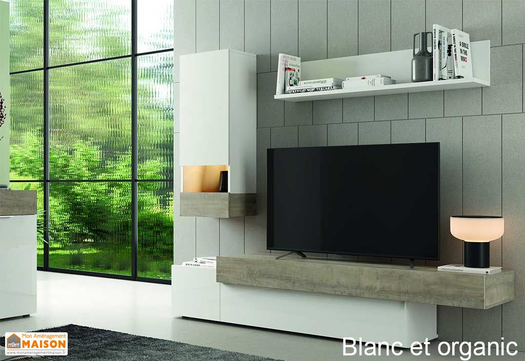 Meubles de salon en bois Aura.2 : 1 meuble TV, 1 vitrine haute et 1 étagère  - Ramis