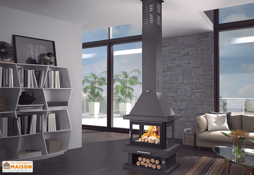 Poêle à bois central double combustion avec bûcher 10 kW – C-104 - FM