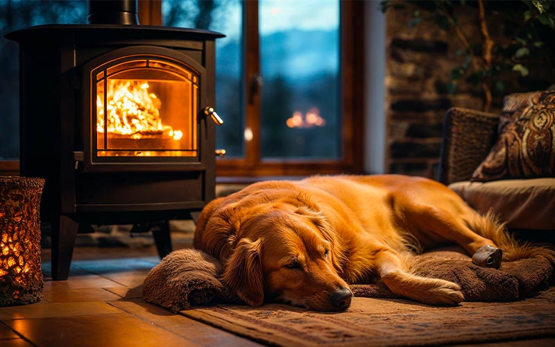 chien se réchauffant près d'un poêle à bois